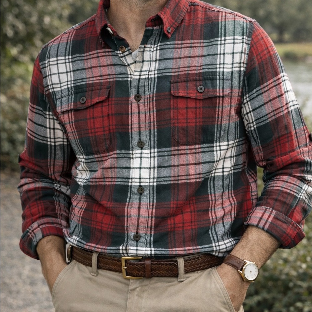 Nautica Men's Classic Red and Green Plaid Flannel Shirt - Picture 2 of 8